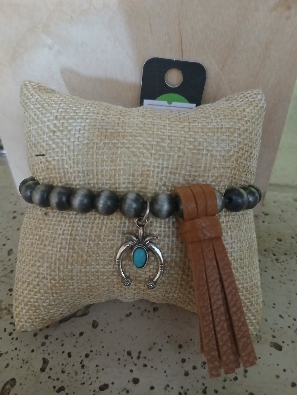 Turquoise Charm Beaded Bracelet with Brown Leather Tassel